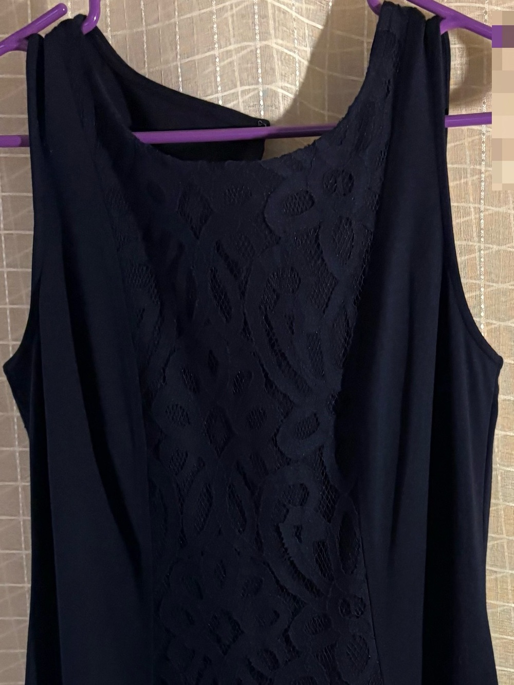 Sleek Dark Blue Sleeveless Dress with Subtle Lace Panel